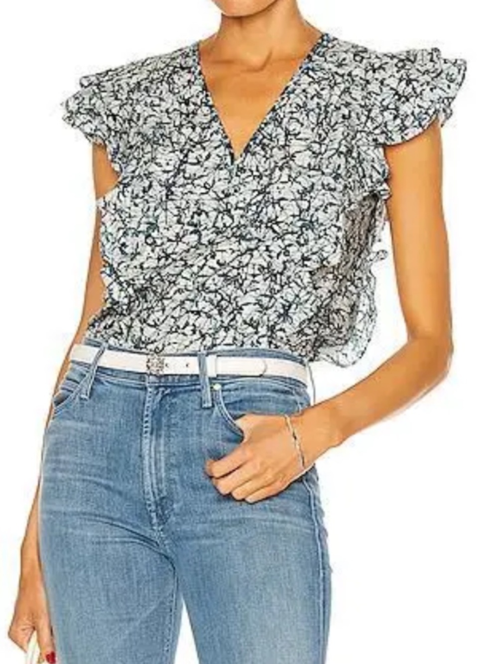 Veronica Beard Blouse Joi Top In Blue Abstract Flutter Sleeve Poplin Cotton 10